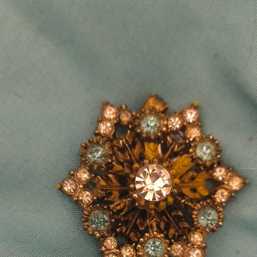 Gold-Tone Brooch with Light Blue and Clear Crystals by